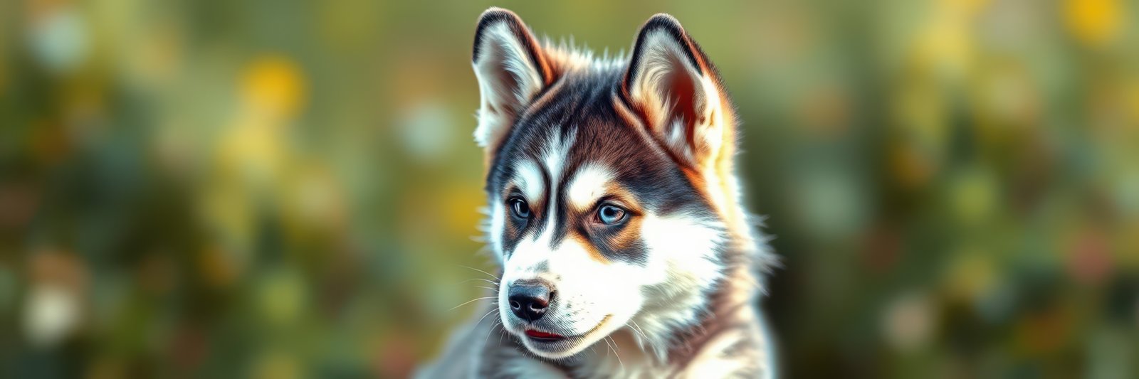 Playful husky puppy explores a vibrant garden filled with blossoming flowers during golden hour
